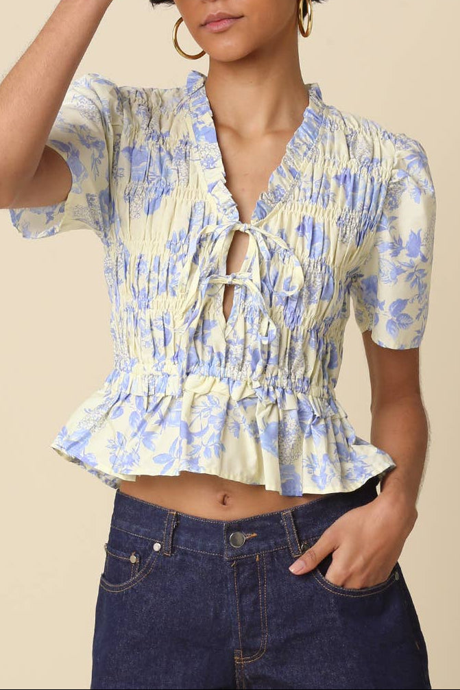 Nina Floral Lace Up Peplum Top yellow blue floral summer top western fashion Boltranchstore.com Free Shipping womens style