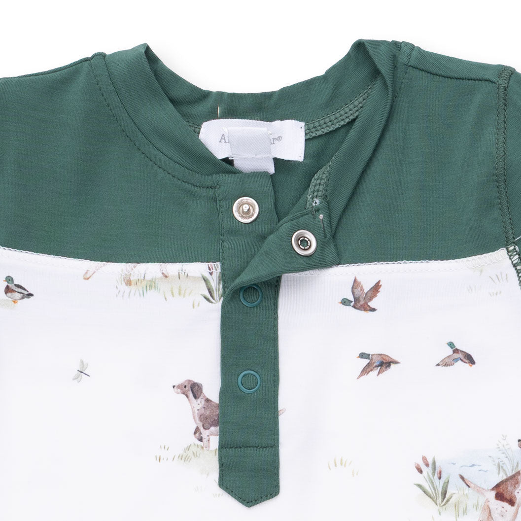 Baby western fashion ranch kids Utah western clothing Pointer Pups and Duck Buddies Romper with Contrast Sleeves 969F26PPD Boltranchstore.com free shipping