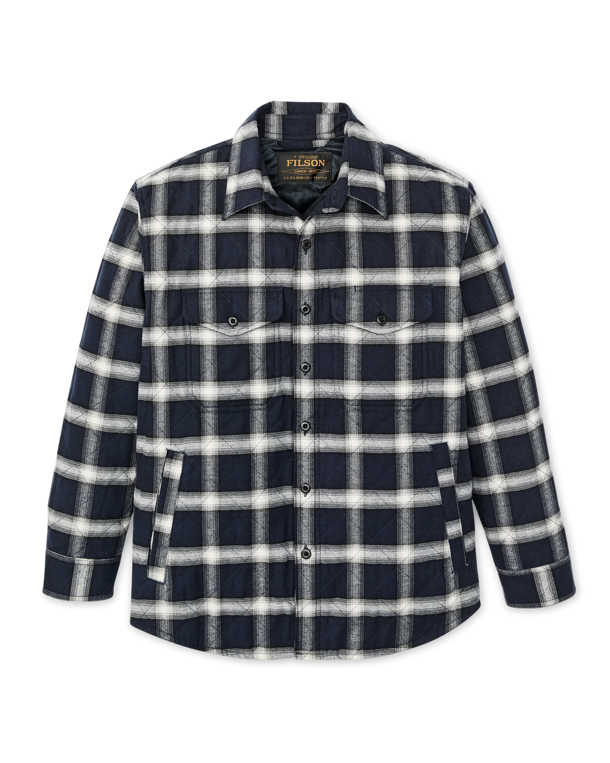 Filson Insulated Flannel Jac Shirt Navy Cream Plaid chest pockets protected by buttoned flaps Kamas western store