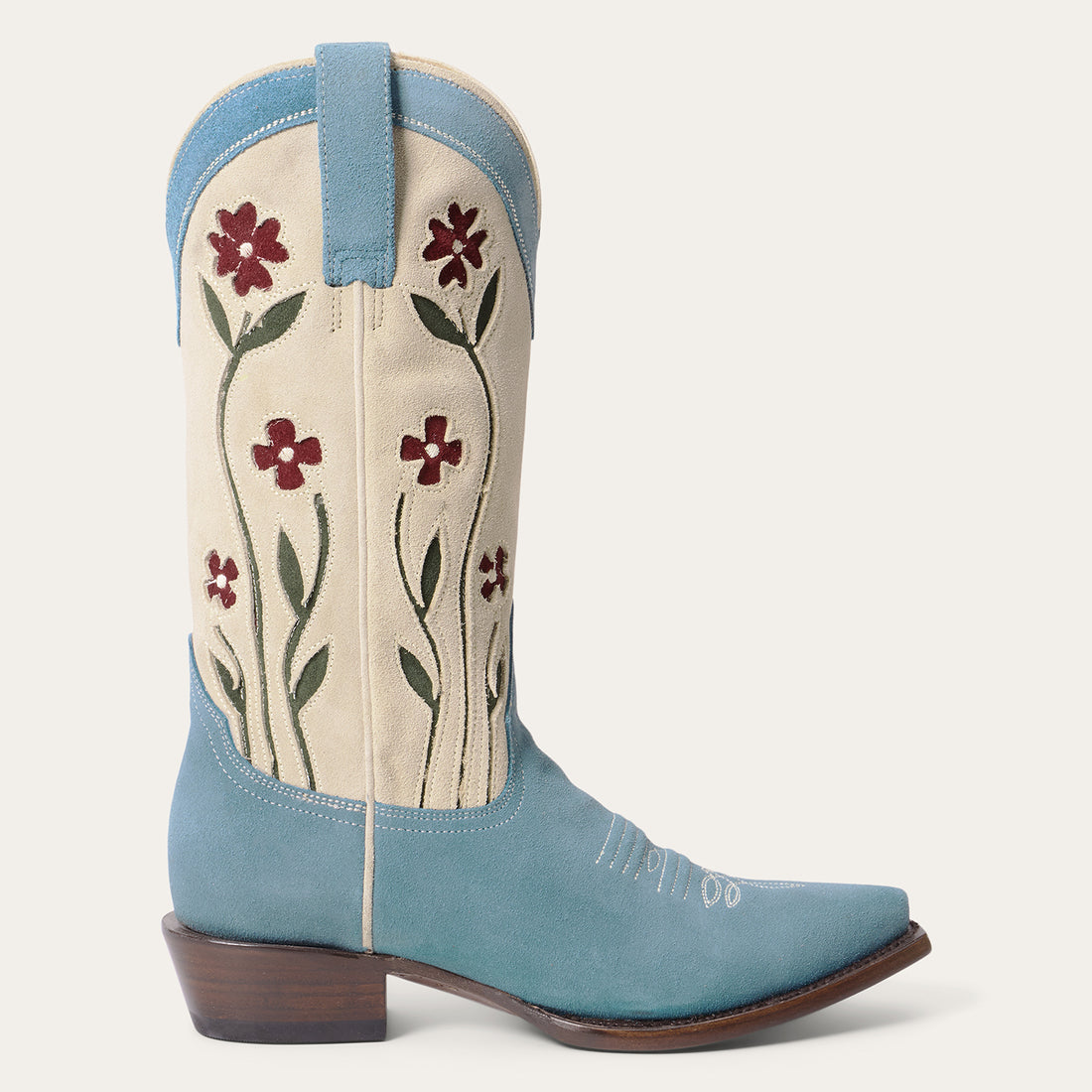 Stetson and THE GREAT Suede Floral Cowboy Boot in Washed Indigo
