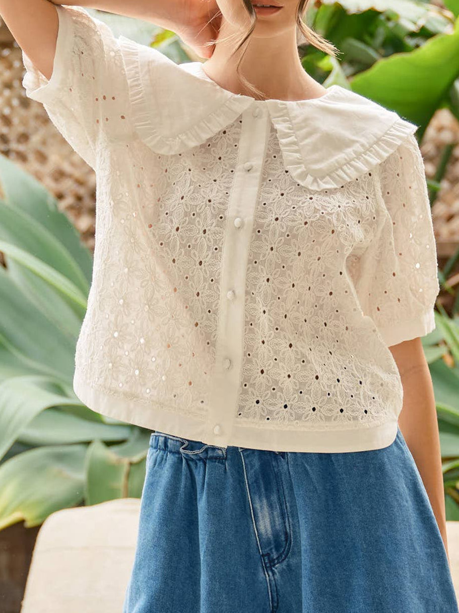 Eilyn Ruffle Collar Eyelet Blouse