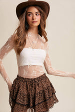 Listicle Sheer Lace Long Sleeve Top Ecru slim fit silhouette that hugs the body western fashion