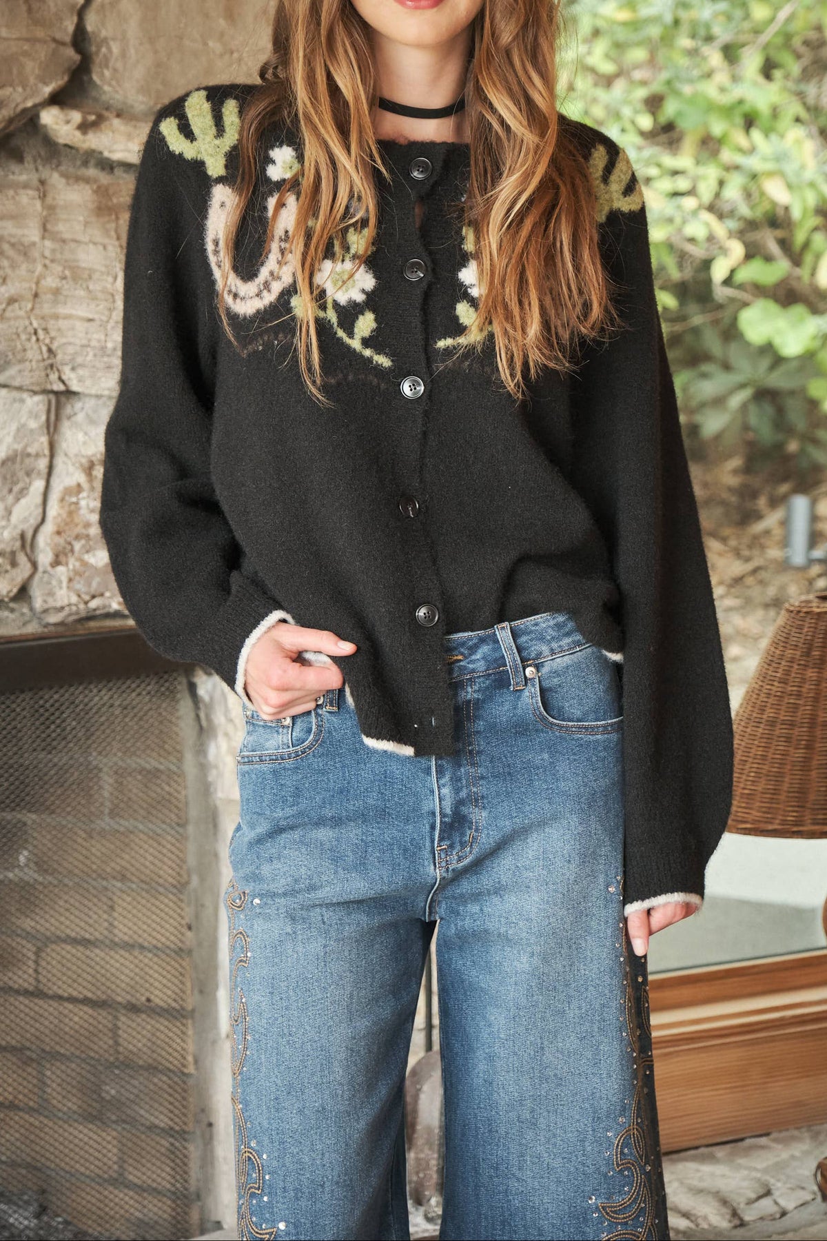 Blue B Western Graphic Sweater Cardigan Charcoal charcoal knit western cardigan with horseshoe and cactus graphic across the chest womens western boutique Utah SKU 33267W