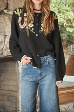 Blue B Western Graphic Sweater Cardigan Charcoal charcoal knit western cardigan with horseshoe and cactus graphic across the chest womens western boutique Utah SKU 33267W
