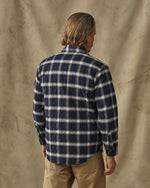 Filson Insulated Flannel Jac Shirt Navy Cream Plaid quilted through polyester insulation in a two inch box quilt pattern ranch wear