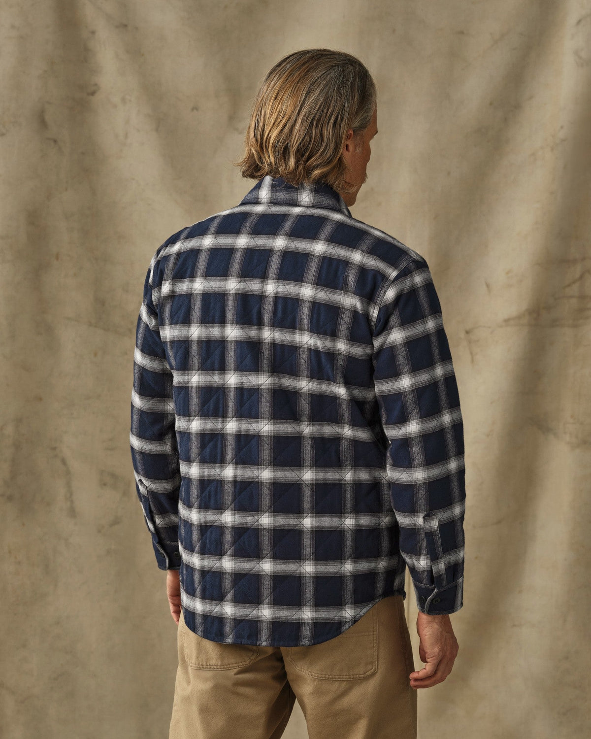Filson Insulated Flannel Jac Shirt Navy Cream Plaid quilted through polyester insulation in a two inch box quilt pattern ranch wear