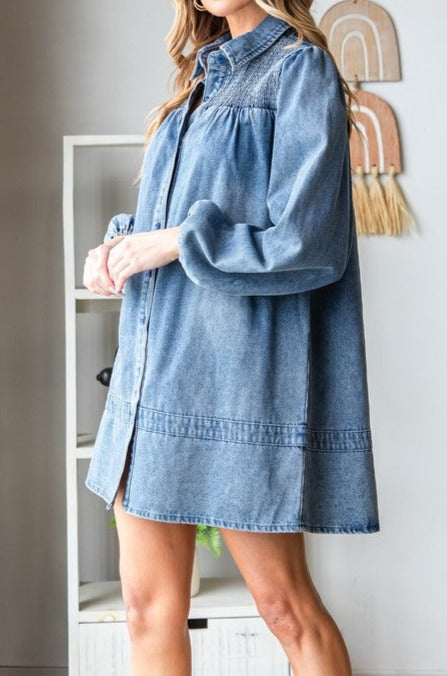 Smocked Puff Sleeve Denim Dress