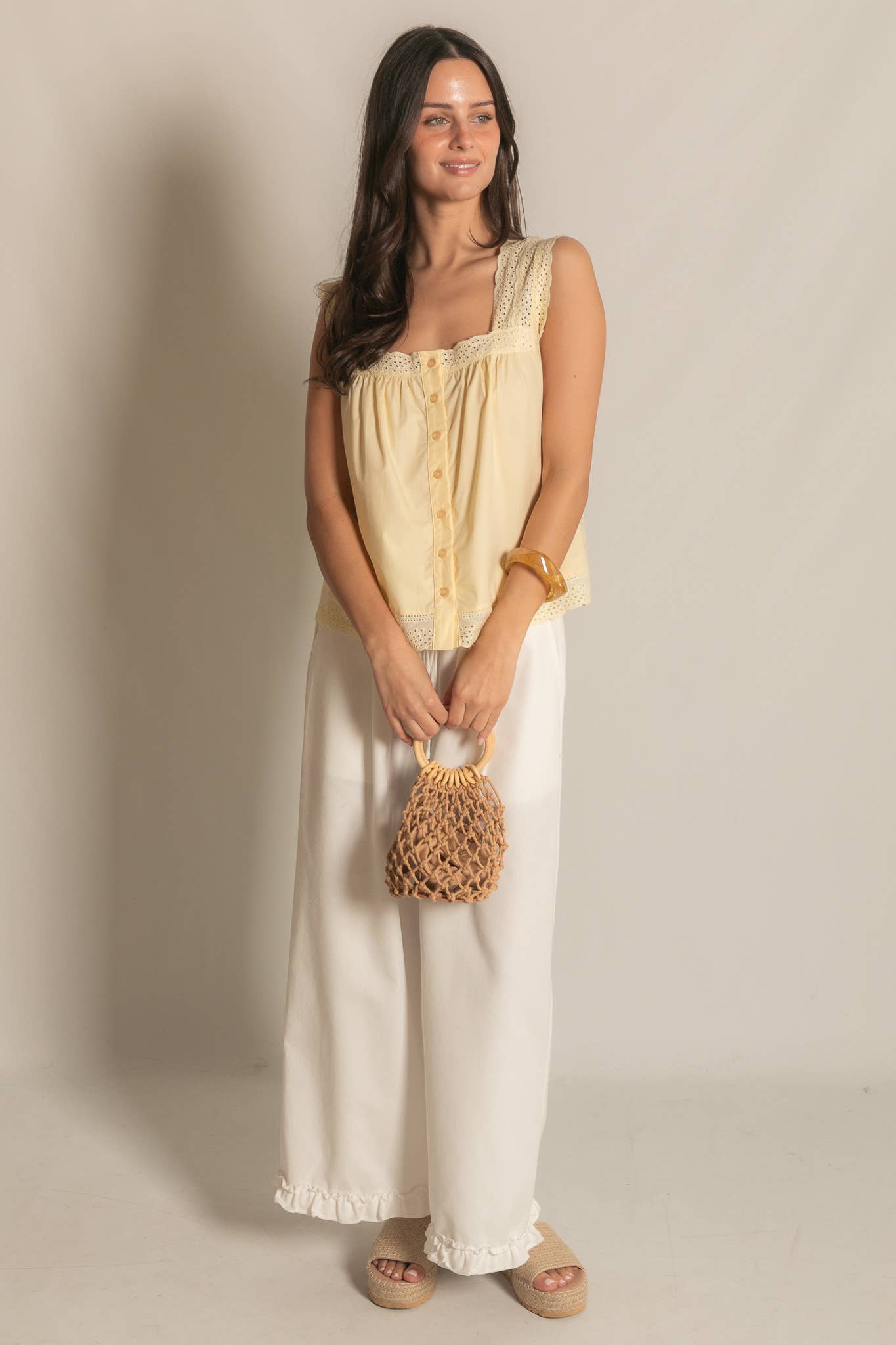 Womens Sleeveless Eyelet Trim Button Down Top