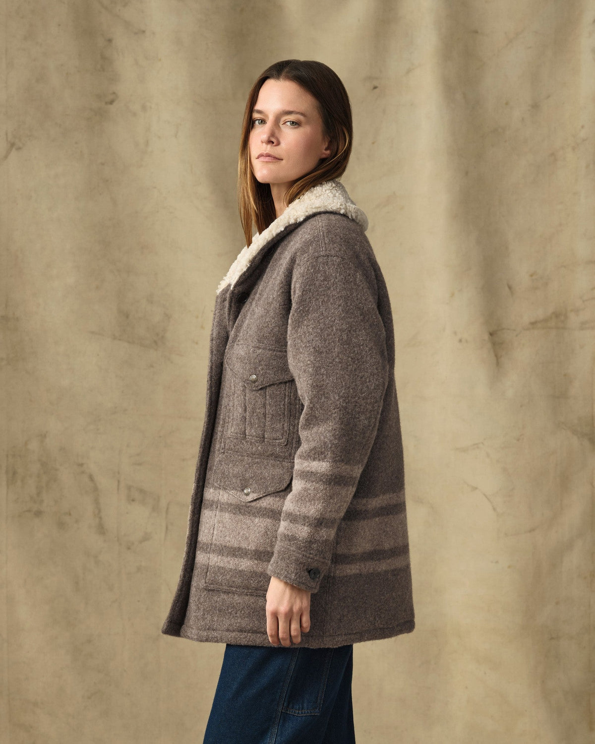 Filson Womens Kodiak Shawl Collar Coat Khaki Heather Stripe shawl style fleece collar that extends high to protect the neck ranch wear