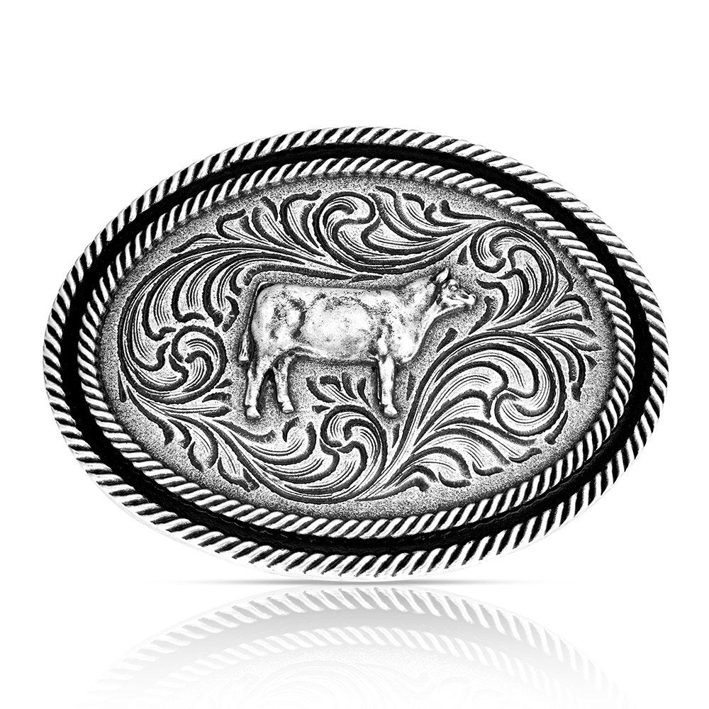 Decorative belt buckle with intricate patterns and a central design Montana Silversmiths Show Steer Antiqued Buckle at boltranchstore.com with free shipping 