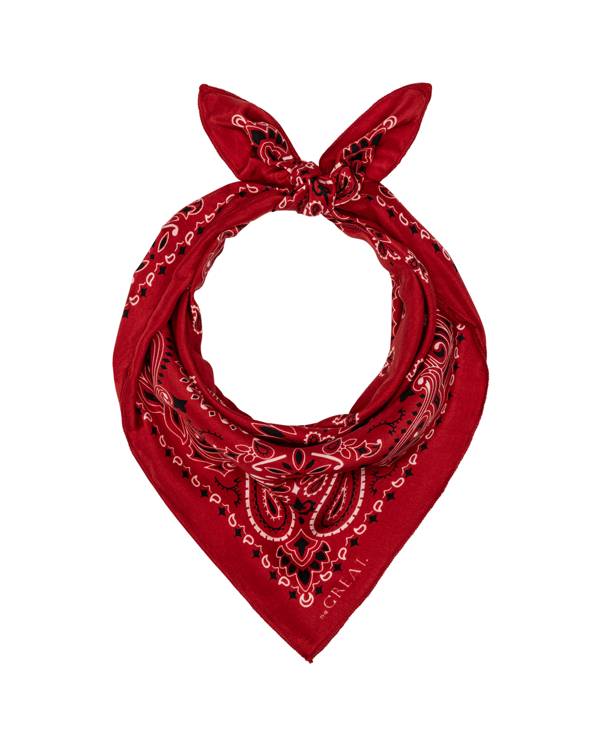 The Great Silk Bandana True Red square scarf with black and cream paisley border and medallion center rodeo