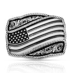 Silver belt buckle with American flag design Montana Silversmiths Waving American Flag Buckle at boltranchstore.com