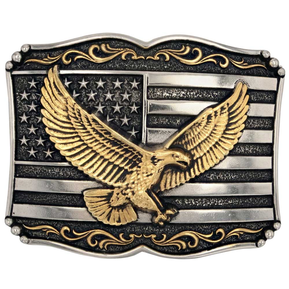 Belt buckle with American flag and gold eagle design Montana Silversmiths Soaring Liberty Attitude Buckle at boltranchstore.com with free shipping in stock