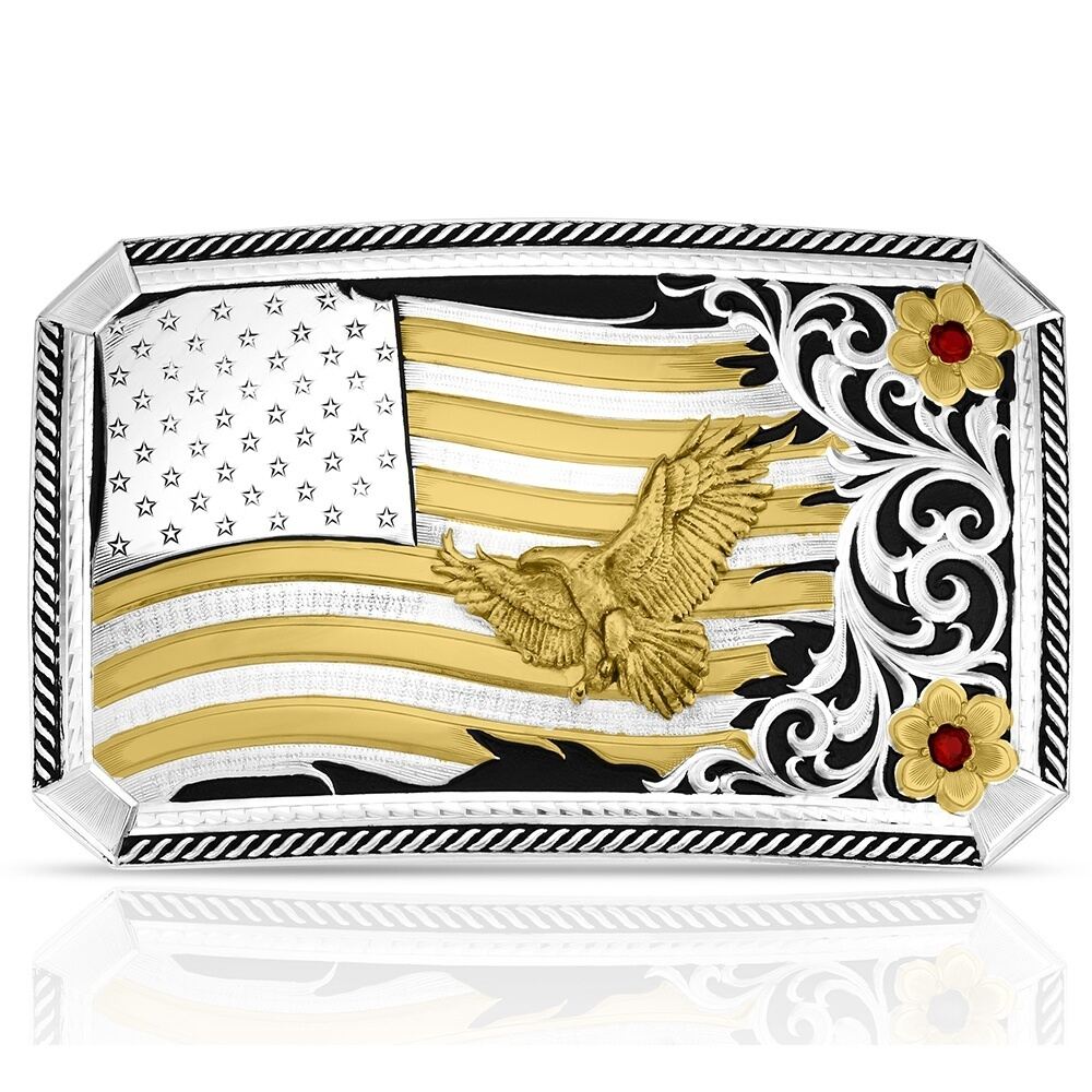 Decorative tray with American flag design, eagle, and floral elements Noble Pride American Made Buckle With Eagle at boltranchstore.com free shipping in stock America