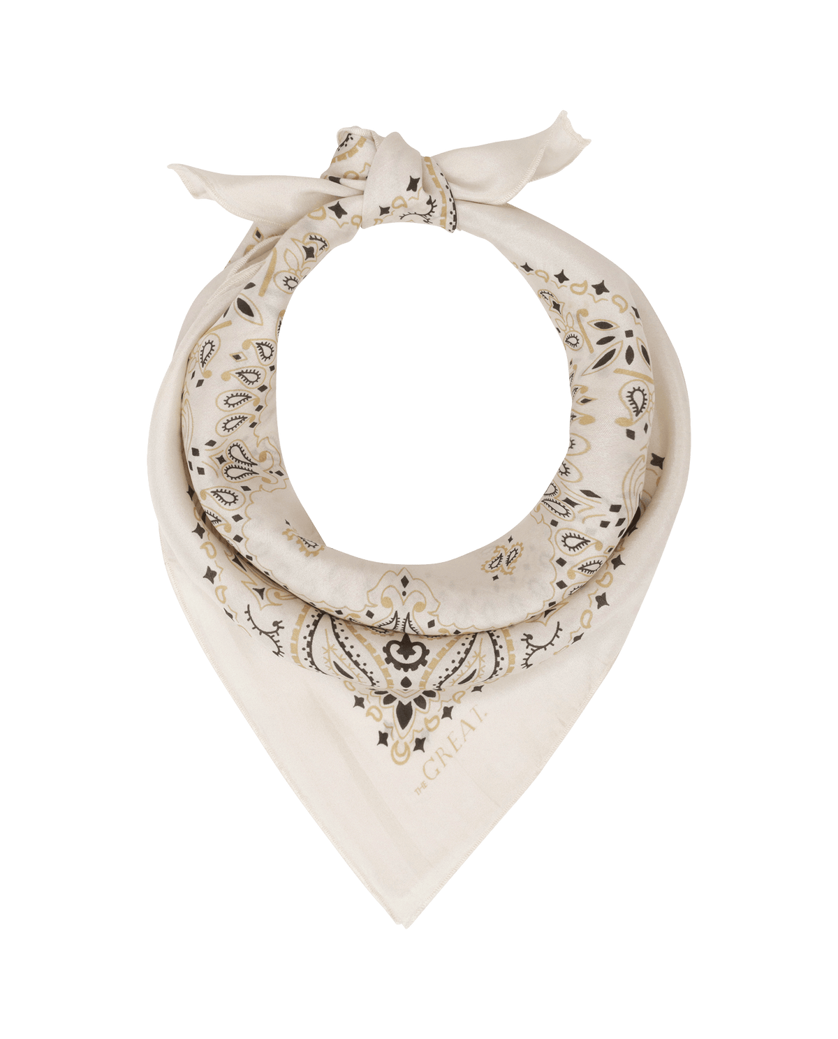 The Great Silk Bandana Cream light neutral square scarf with scattered teardrop motifs and scalloped border cowgirl
