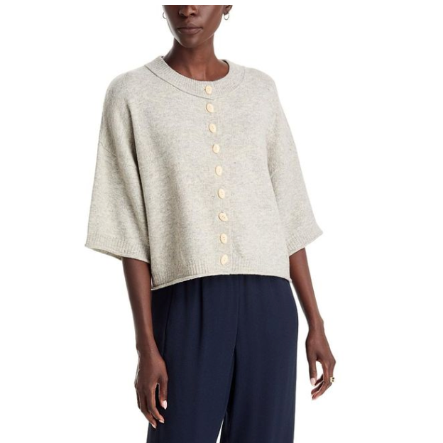 Womens short sleeve button up sweater in a heather grey made by a. ren named the Romane Sweater sold locally near me in Utah at Bolt Ranch Store