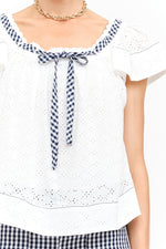Adelaide Top shop at boltranchstore.com doen dupe hill house home dupe white eyelet short sleeve top with gingham bow fluter sleeve top
