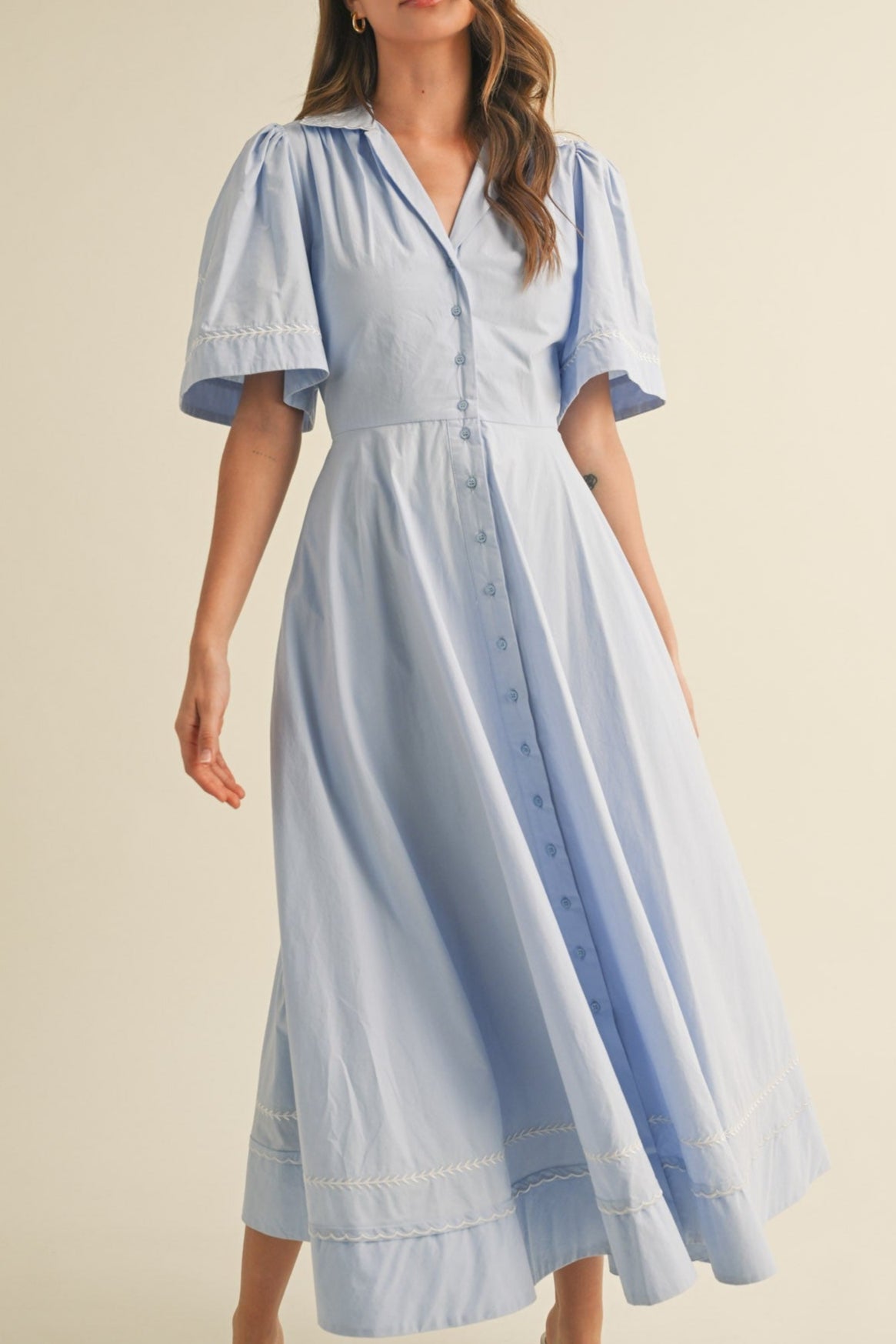 Alisa Floral Embroidery Midi Dress &Merci summer short sleeve flutter sleeve blue dress for wedding party garden casual pretty blue at Boltranchstore.com
