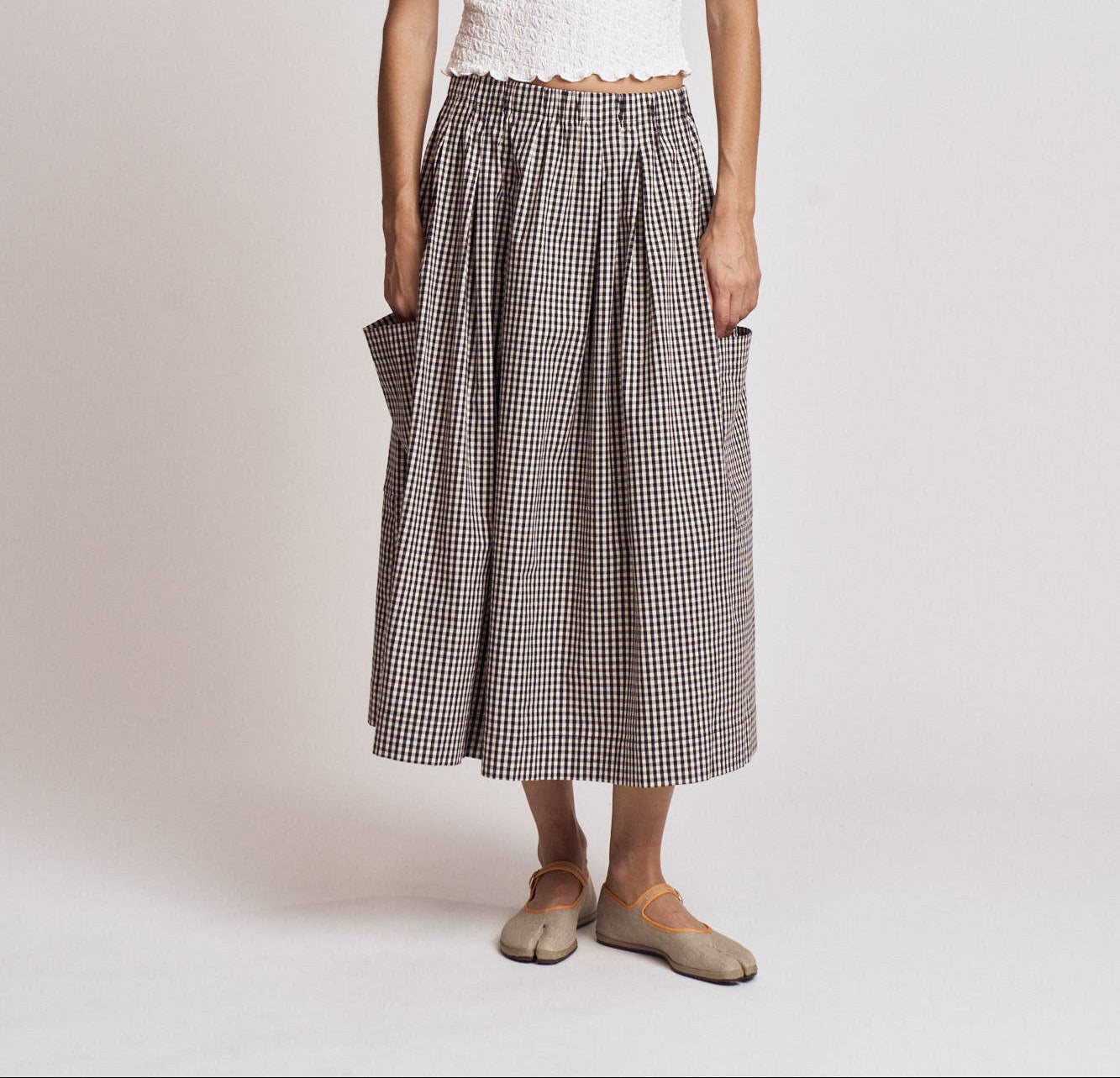 Amanda Pleat Waist Gingham Skirt buy at boltranchstore.com womens prairie skirt pockets gingham plaid brown and white elastic waist populat ballerina farm skirt free shipping
