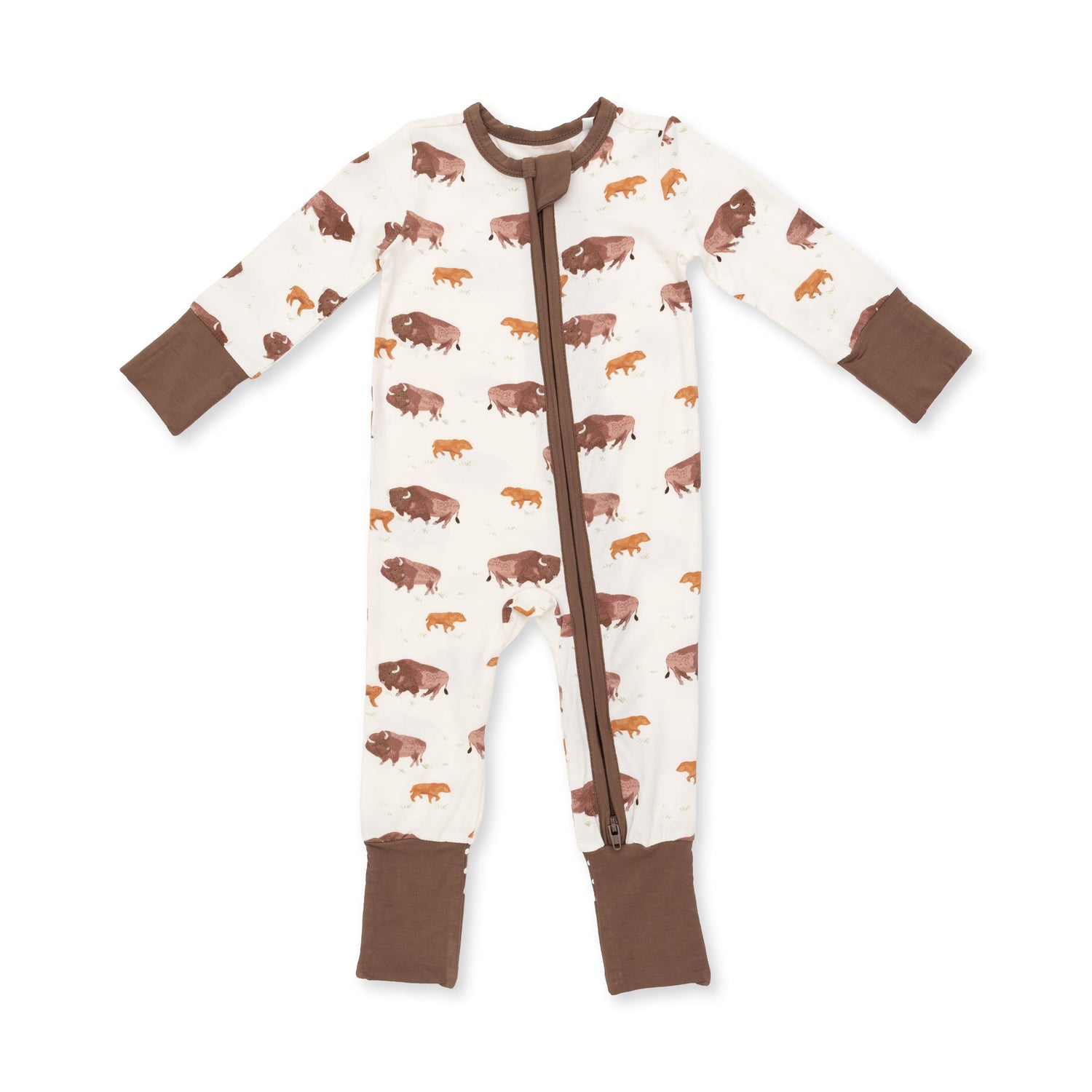 American Buffalo Convertible Romper at boltranchstore.com in stock free shipping A baby long-sleeve footless one-piece sleeper with a brown bison print o