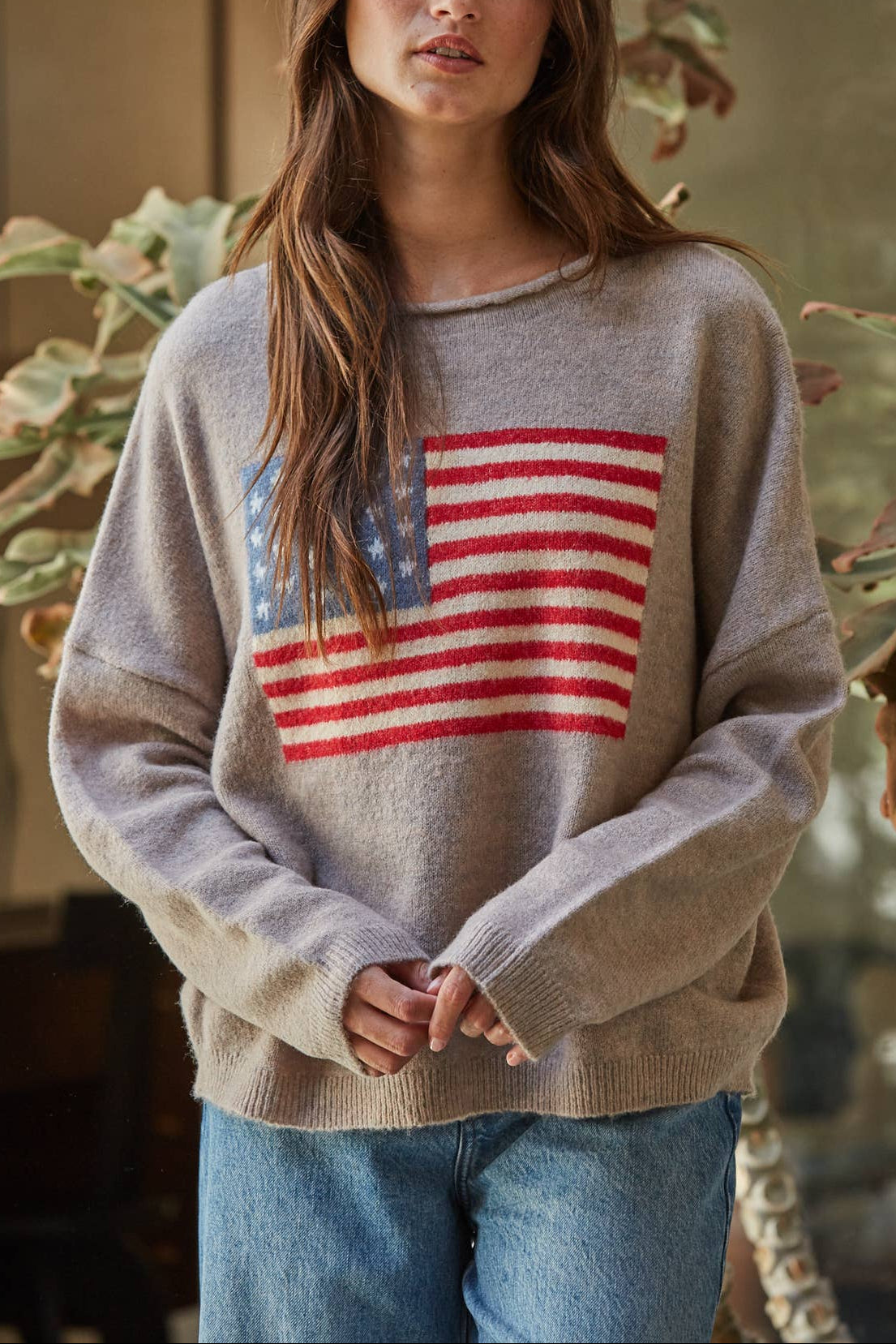 American Flag Sweater light mocha womens long sleeve summer july patriotic sweater Boltranchstore.com western wear fashion boutique clothing