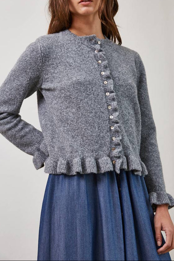 Annie Ruffle Button Cardigan womans gray knit cardigan with a ruffled hem and front buttons in stock 
