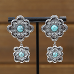 Antler Rings The Eloise Drop Earrings at boltranchstore.com in stock free shipping A pair of silver-toned drop earrings with ornate floral filigree tops and bottoms and round turquoise-colored stone centers, 