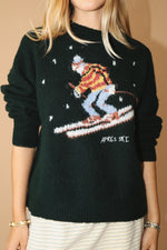 Apres Ski Vintage Skier Sweater in deep forest with a knitted in skiier on a dark forest background at boltranchstore.com