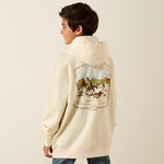 Ariat Kids Pulp Western Hoodie at boltranchstore.com free shipping in stock kids horse hoodie A child model shown from the back wearing a cream-colored hoodie with a large western-themed graphic print on the back