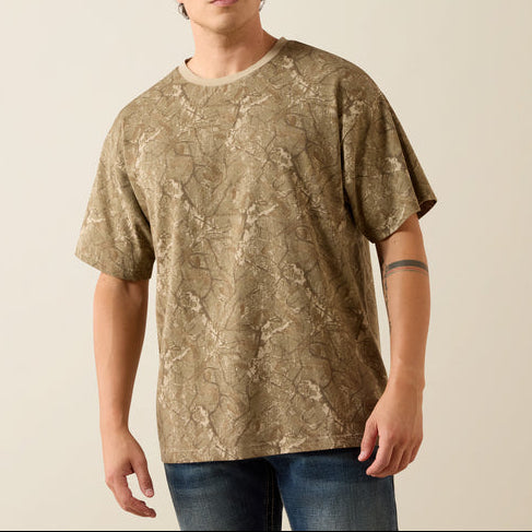 Ariat Mens All Over Print Camo ToughStock Boxy TShirt at boltranchstore.com in stock free shipping An oversized short-sleeve t-shirt with an abstract brown and beige textured pattern camo mens tee shirt 10079583
