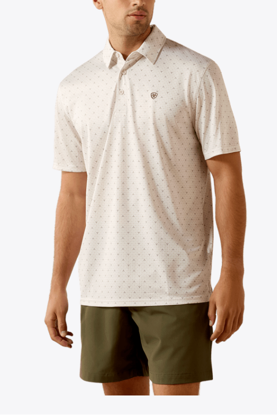 Ariat Mens Allover Print Polo buy at boltranchstore.com western wear summer short sleeve breathable mens shirt top free shipping