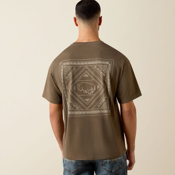 Ariat Mens Buffalo Bandana Shirt at boltranchstore.com in stock free shipping mens wester tee shirt A man viewed from behind wearing a brown t-shirt with a large beige graphic print on the back buffalo shirt 