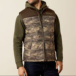 Ariat Mens Crius Insulated Vest at boltranchstore.com in stock free shipping mens camo vest A man wearing a hooded camouflage puffer vest over 
