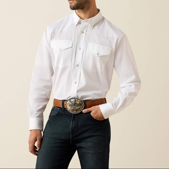Ariat Mens Everything Classic Fit Snap Shirt white long-sleeve western button-down shirt. SKU 10079771