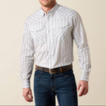  long-sleeve western-style button-down shirt with thin vertical blue and white stripes SKU 10079769 Ariat Mens Everything Classic Fit Snap Shirt