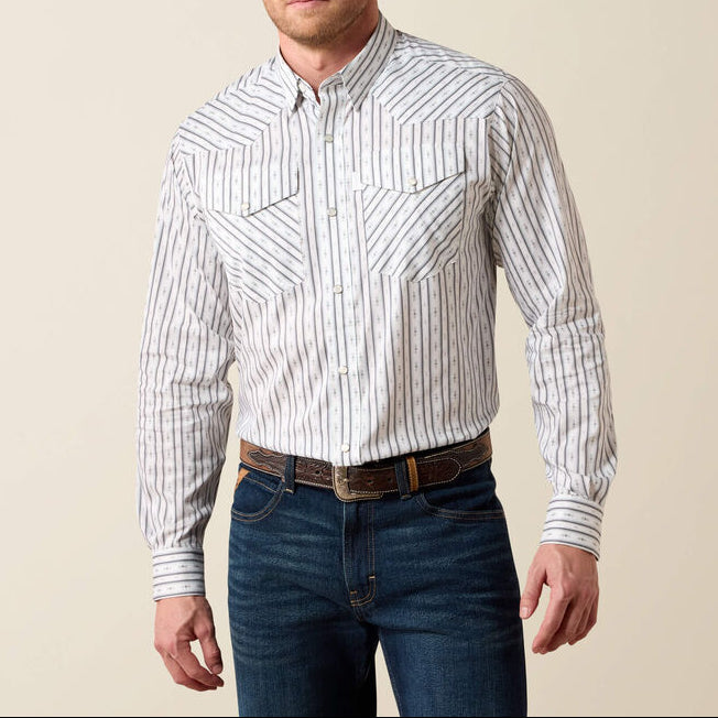  long-sleeve western-style button-down shirt with thin vertical blue and white stripes SKU 10079769 Ariat Mens Everything Classic Fit Snap Shirt