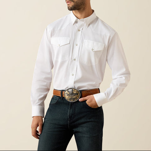 Ariat Mens Everything Classic Fit Snap Shirt at boltranchstore.com in stock free shipping A man wearing a white long-sleeve western button-down shirt.