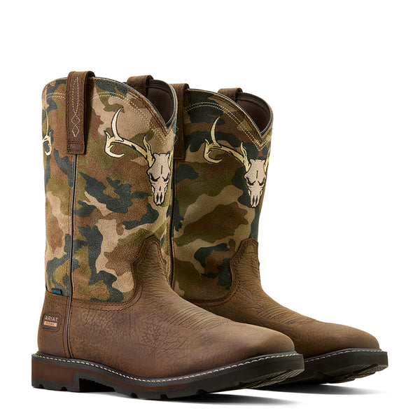 Ariat Mens Groundbreaker Antler H2O Boot a Camouflage-patterned boots with deer skull design with wide suare soft toe waterproof and safe for electrical hazard conditions a perfect workboot at boltranchstore.com
