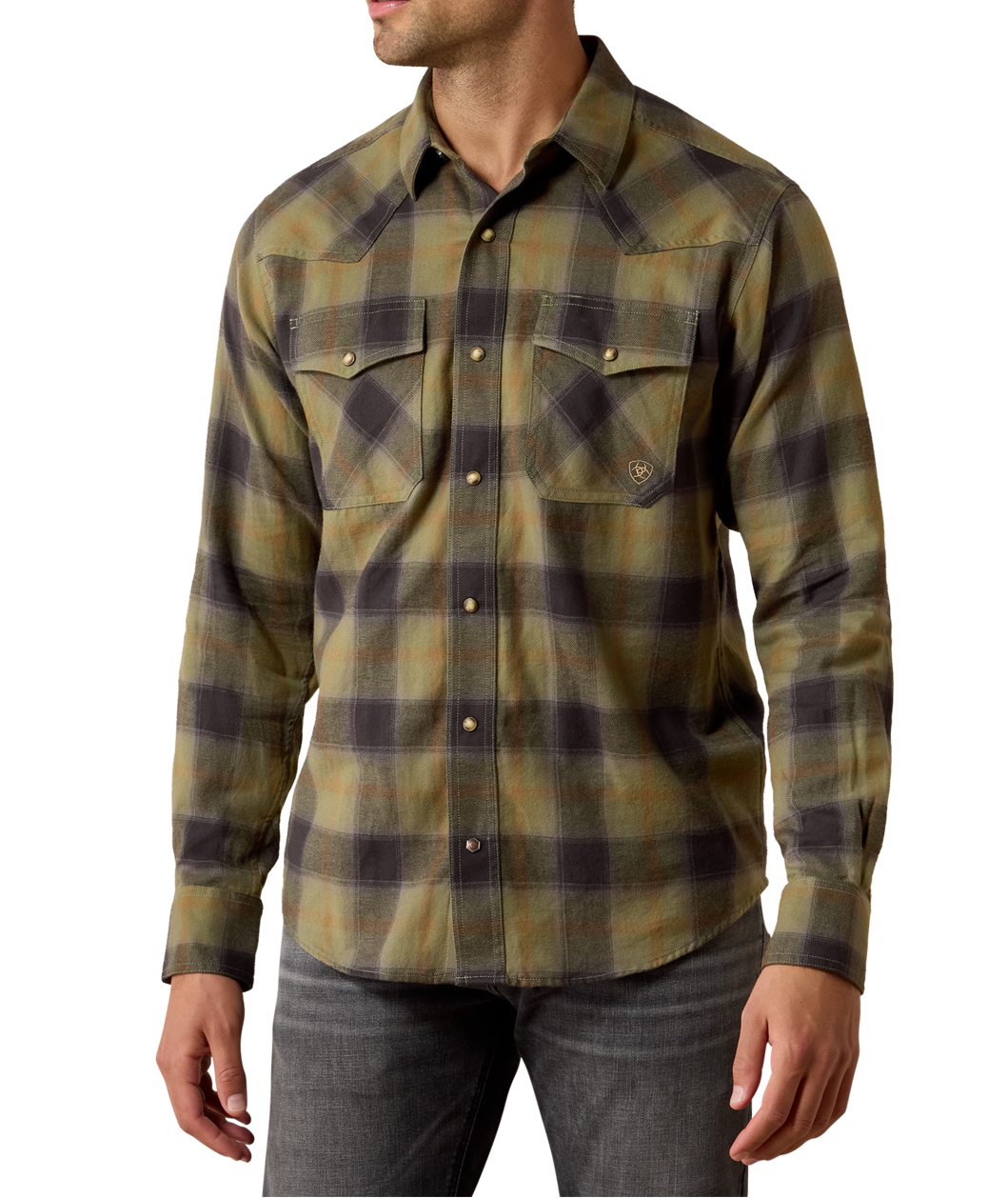 Ariat Mens Retro Hahn Fitted Snap Shirt Four Leaf Clover Plaid green and charcoal four leaf clover plaid western snap shirt in 100 percent cotton mens western clothing Utah SKU 10080705