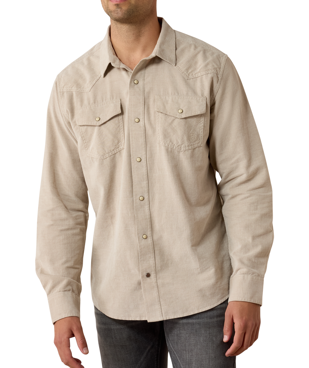 Ariat Mens Retro Handorf Corduroy Fitted Snap Shirt Sand sand cotton corduroy western snap shirt with a soft fine wale texture mens western clothing Utah SKU 10080647