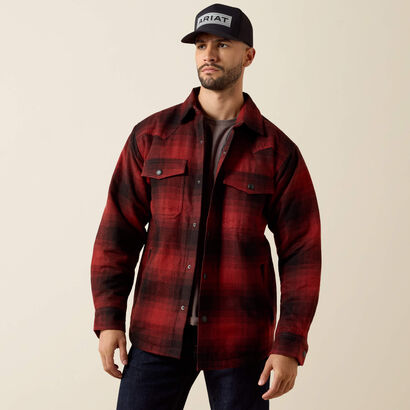 Ariat Mens Retro Shirt Jacket a red black snap up with two front pockets long sleeves collared at boltranchstore.com