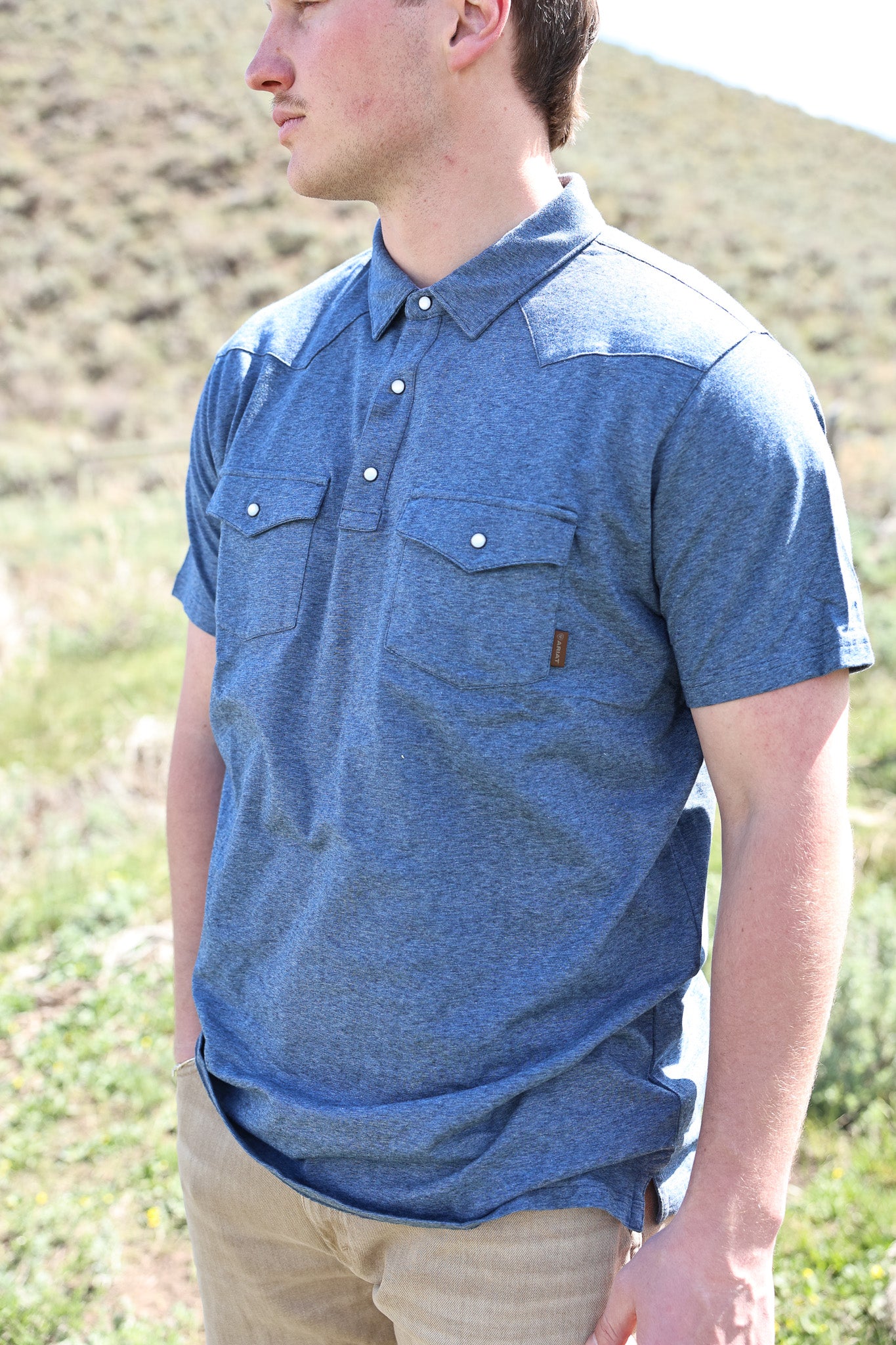 Ariat Mens Retro Western Snap Polo heather blue short sleeve western boutique popular viral free shipping at Boltranchstore.com