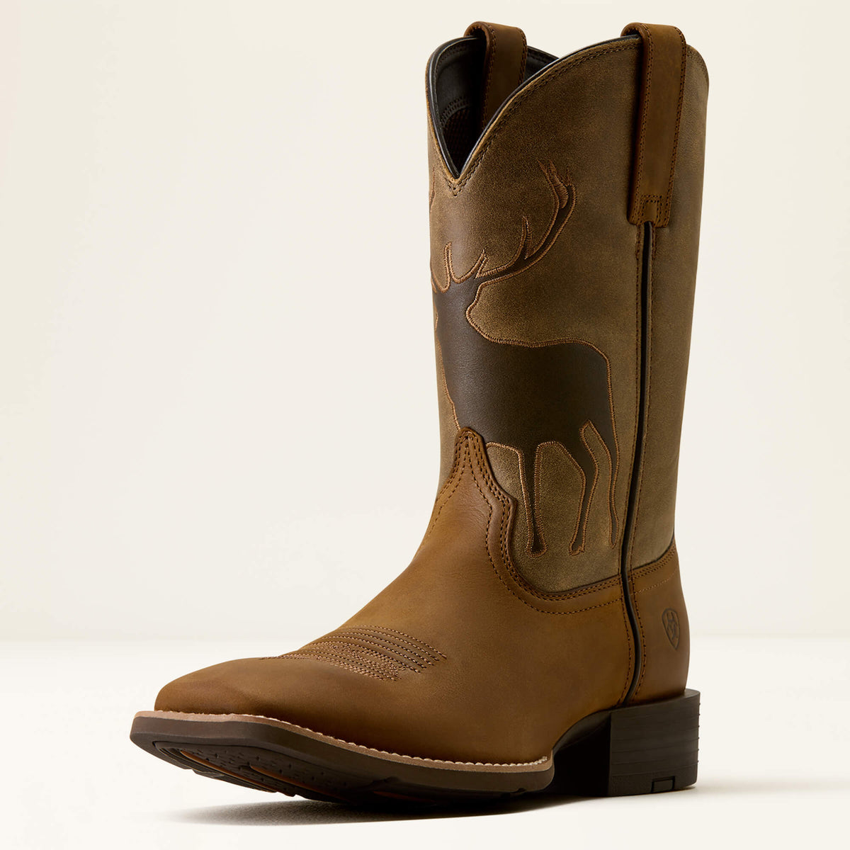 Ariat Mens Sport Trail Cam Wide Square Toe Cowboy Boot distressed brown leather foot with olive shaft and embroidered deer screenprint western boots Utah SKU 10080341