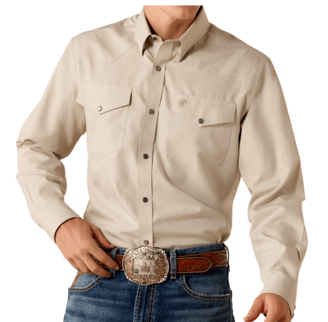 Ariat Mens Wrinkle Free Pinpoint Oxford Fitted Snap Shirt Brindle tan mens long sleeve western shirt dress Boltranchstore.com