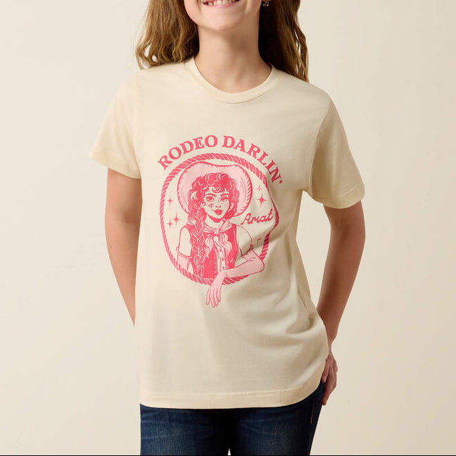 cream-colored t-shirt with a pink 'Rodeo Darlin' graphic Rodeo western clothing Utah Ariat Rodeo Darlin T Shirt SKU 10082173