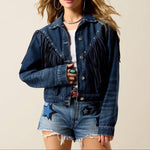 Ariat Americana Denim Jacket dark indigo Laguna wash cotton denim with faux suede fringe across the chest yoke womens western boutique Utah SKU 10079850 Ariat Womens Americana Denim Jacket