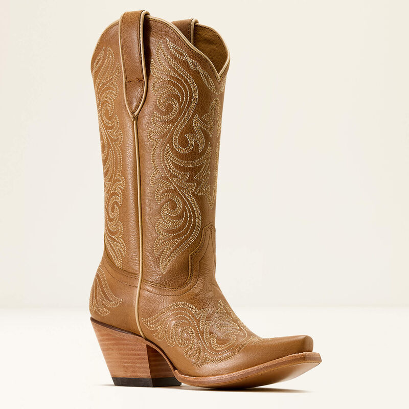 Ariat Womens tan western cowboy boot featuring intricate cream embroidery on the shaft and foot, a square toe, pull-on design, stacked heel, and genuine leather at boltranchstore.com