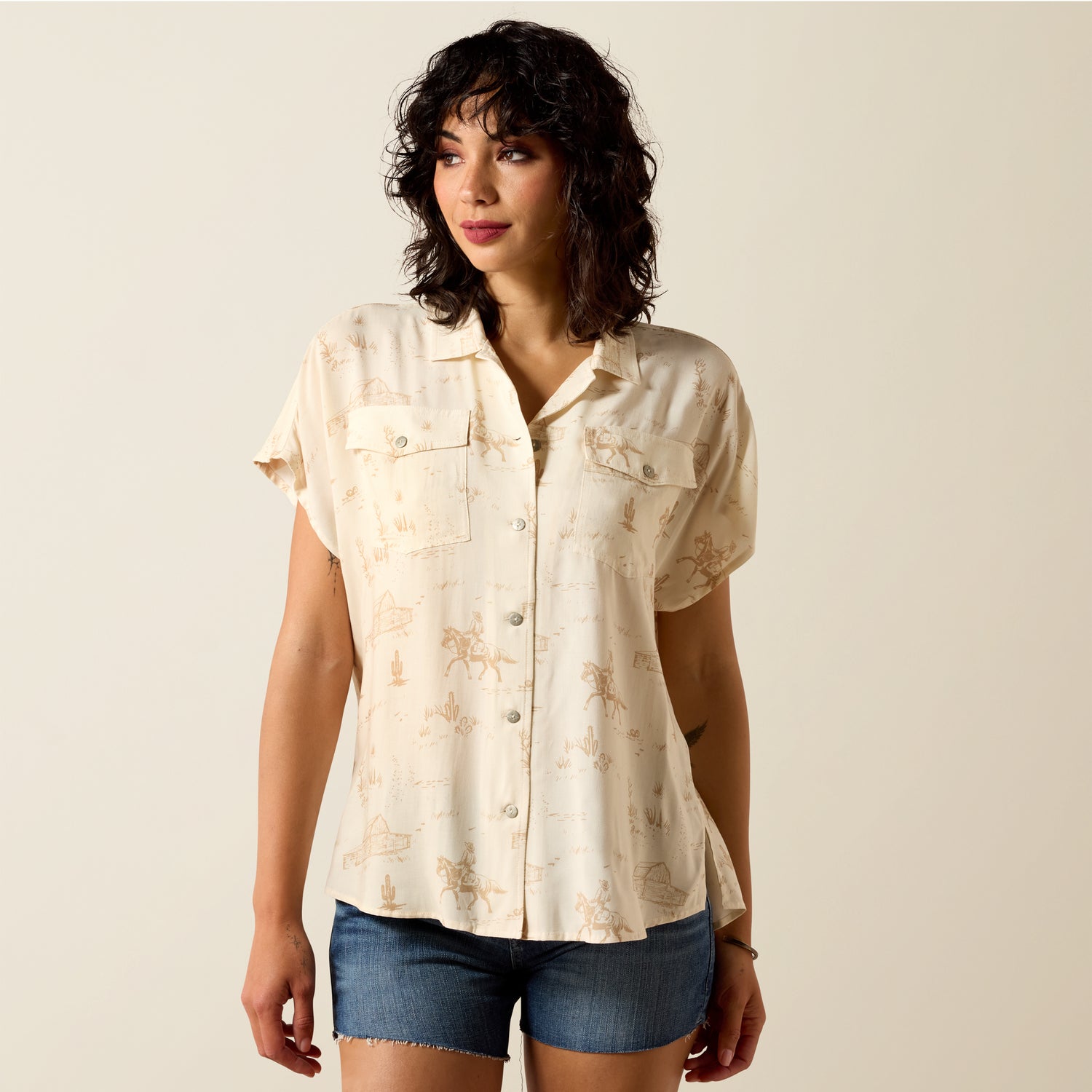 Ariat Womens Badlands Shirt a floral beige short sleeve button up shirt at boltranchstore.com
