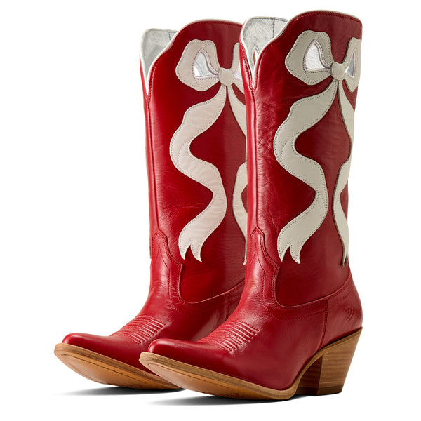 Ariat Womens Beaux J Toe Crimson Boot a red boot with cream bows in a round pointed toe at boltranchstore.com