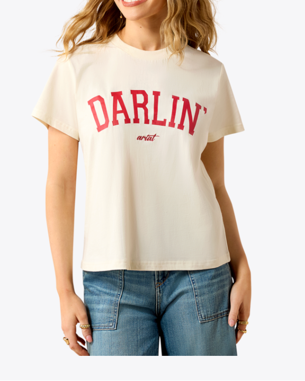 Ariat Womens Collegiate Darlin T Shirt a cream short sleeved tshirt with red screen print at boltranchstore.com